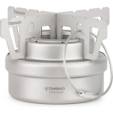 Réchaud à alcool portable mini en titane avec couvercle, support en croix, pour camping, randonnée et trekking. Brûleur à alcool portable.