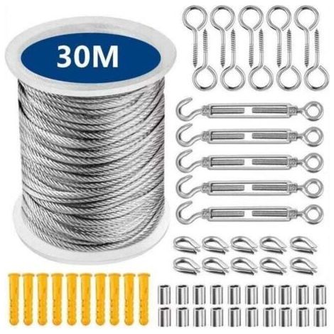 304 Stainless Steel Rope Hanging Kit, Nylon Coated Stainless Steel Rope, PVC Steel Rope Tensioner for Tent Rope, Clothesline, Outdoor Chandelier, Garden - 30m (1/4)