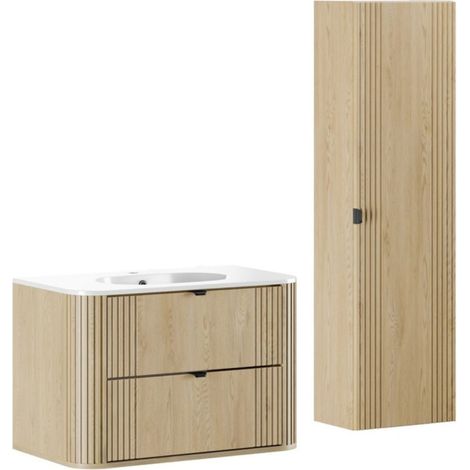 Set da bagno KORI: mobile sotto lavabo 80cm + lavabo da incasso + colonna di stoccaggio