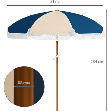 Parasol Ø213cm vintage bleu beige, inclinable franges anti-UV mât démontable (1/5)
