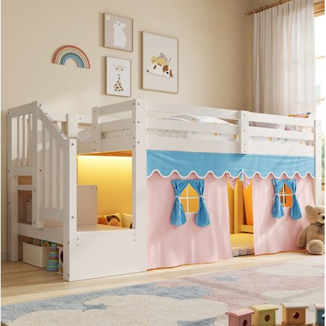 Lit mi-haut enfant 90x200 cm avec LED, rideaux occultants et rangement, MDF et pin blanc (1/5)