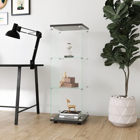 Vitrine à 3 niveaux,verre transparent moderne vitrine,robuste et durable casiers pour objets de collection,facile à nettoyer étagère en verre de type sol, Noir (1/5)