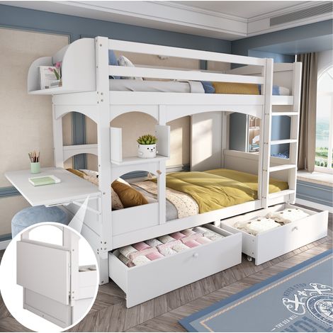 Letto a castello bambini 90x200 cm con scrivania ribaltabile, ripiano, scala e 2 cassetti, rete a doghe in legno massello, bianco, senza materasso (1/5)