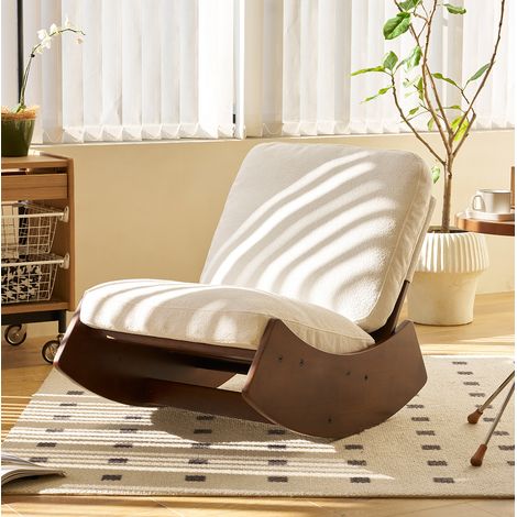 Sedia a dondolo glider in legno massello e tessuto a coste bianco, poltrona relax per cameretta e soggiorno,90 x 61,5 x 71,9 cm (1/5)