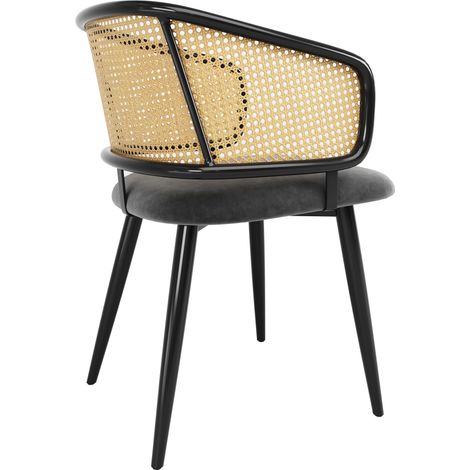 4 sillas de comedor con respaldo de ratán y asiento de terciopelo gris (1/5)