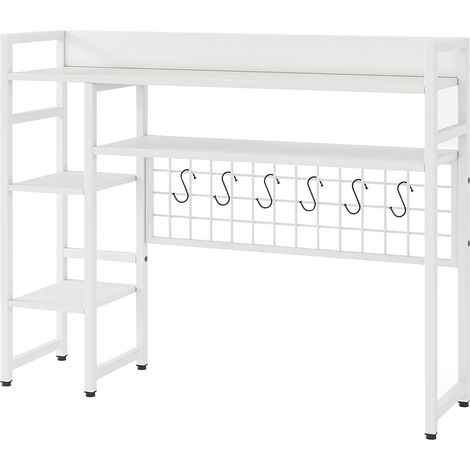 GOPLUS Étagère Bureau pour Ordinateur, 94 x 25 x 73,5 CM, Étagère avec Tablette de Table, Organisateur de Bureau, Panneau en Treillis Métallique avec 6 Crochet, 4 Étagère Ouverte, pour Chambre (Blanc)