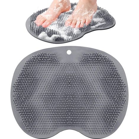 Tapis Brosse Pieds Douche - 1 Pièce - Silicone Souple - Nettoyage et Massage - Pour Seniors et Famille - Gris 28x20cm (1/5)