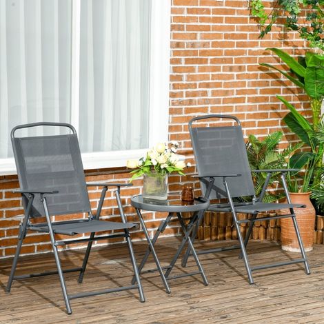Mobiliario de balcón 3 piezas de metal gris oscuro, 2 sillones y mesa con vidrio templado, diseño plegable (1/5)