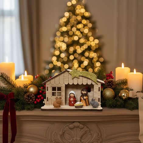 Casetta in legno con natività per presepi e decorazioni natalizie da h 10,3 cm (1/4)