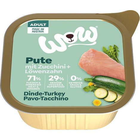 WOW  Nassfutter für Hunde  Schale 150 g – WOW Pute – Truthahn mit Zucchini und Löwenzahn 150 g