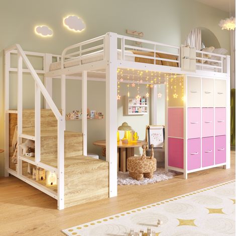 DESVIAE Lit mezzanine 140 x 200 cm en métal et MDF avec rangement escalier commode tringle à vêtements garde corps blanc (1/5)