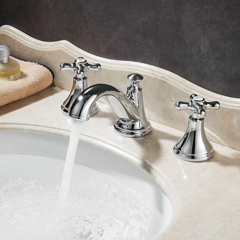 Robinet mitigeur de lavabo avec deux poignées et trois trous Chrome poli (1/3)