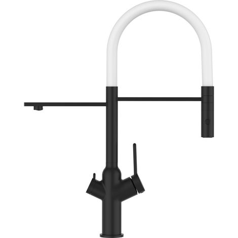 Rubinetto 3 vie miscelatore cucina Nero Opaco con canale separato per acqua filtrata, canna bianca movibile e doccia due getti staccabile - serie BOD (1/5)