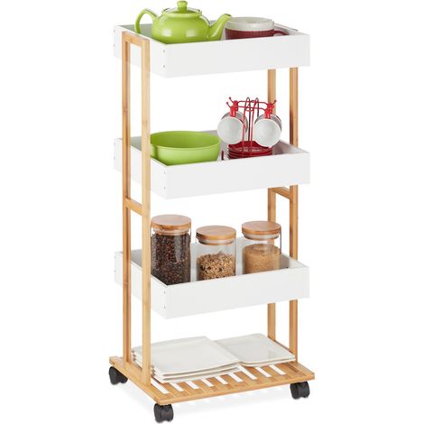 Relaxdays Carrito Auxiliar, Bambú y MDF, Carro Cocina 4 Niveles, Camarera, Cocina y Baño, 88x40x30 cm, Natural/Blanco