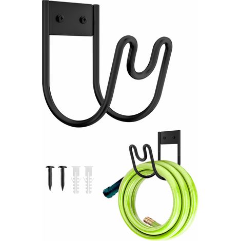 Support mural robuste pour tuyau d'arrosage en métal, crochet solide pour tuyau d'arrosage/rallonges/tuyaux d'aspirateur (noir)