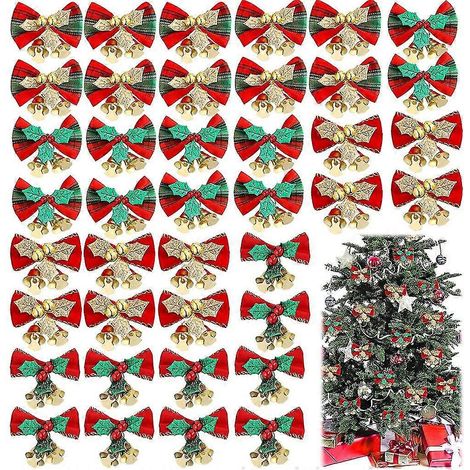 40 nœuds décoratifs de Noël avec clochette, accessoires pour guirlande de sapin et décoration de sapin. (1/4)