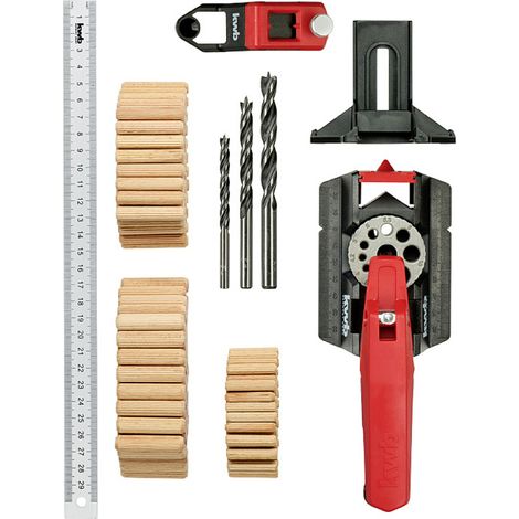 kwb Dübelhilfe/Dübellehre Set inkl. je 50 Dübel und 1 Bohrer 6, 8, 10 mm mit 30 cm, 3-12 mm Bohrlöcher inkl. Kernlochmaßen, Gerade Bohren in Holz, Metall, 153-teilig, Set mit Bohrern und Dübeln (1/6)