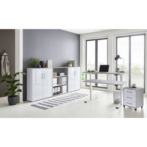 BMG Möbel Büromöbel komplett Set mit elektrisch höhenverstellbaren Schreibtisch Arbeitszimmer e-DITION in lichtgrau/ weiß Hochglanz lackiert Gestell weiß