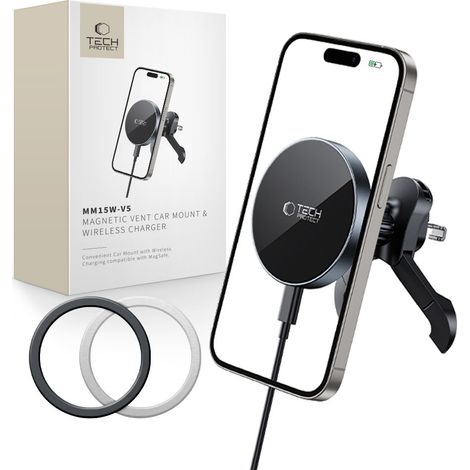 Tech-protect MM15W-V5 Caricabatterie wireless da auto con supporto magnetico MagSafe, stabile e resistente alle intemperie, 15W, nero/nero (1/5)