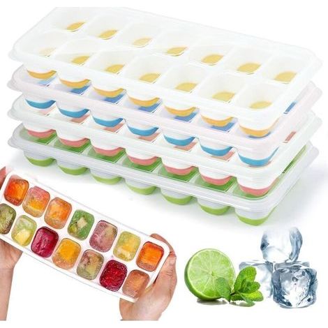 Eiswürfelformen aus Silikon mit Deckel, Eiswürfelform, BPA-frei, leicht zu entnehmende quadratische Eiswürfelformen (1 grün + 1 blau + 1 rosa + 1 gelb)