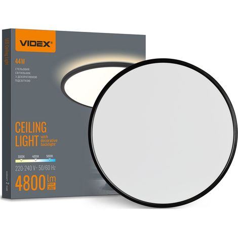 Moderne Deckenleuchte mit dekorativer Hintergrundbeleuchtung, schwarz, rund, Ø 50 cm, variable Farbe, LED, 44 W, IP54, Videx (1/5)