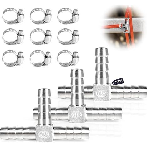 3pcs Fuel Hose Connector 10mm Three Way T Connector SUS 304 Hose Connector with 9 Clamps Pneumatic Connector Adapter for Fuel, Gas, Water (1/5)