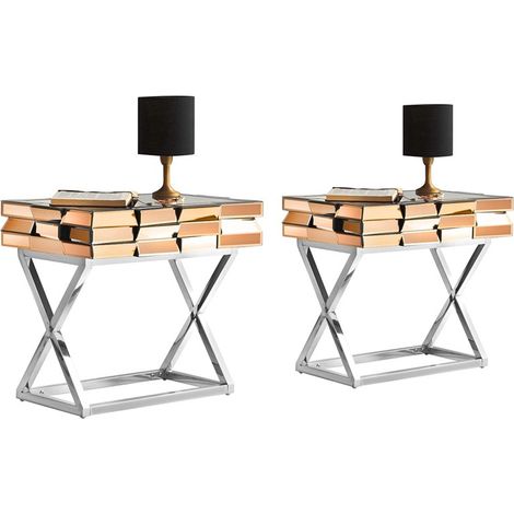 MEUBLER DESIGN Lot De Deux Table De Chevet En Verre Miroir 3d Or, Verre, Chrome, Miroir, Rectangulaire, Style Contemporain, 54.5 x 40 x 60 cm (1/3)