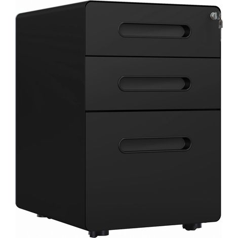 Classeur bureau 3 tiroirs à roulettes - Caisson rangement acier - Noir 39x48x59 cm - Idéal rangement bureau et domicile (1/5)