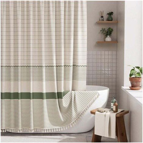 Rideau de douche, ensemble de rideau de douche de style ferme moderne avec glands, rideau de douche en lin imitation rayé vert rustique avec crochets, marron clair avec nuances de vert, 72 x 72 pouces (1/4)