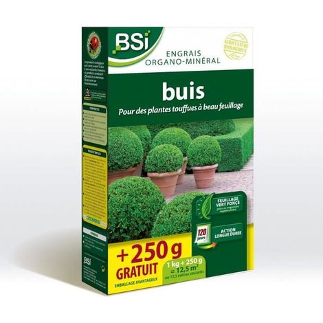BSI - Engrais Organique - Buis - Pour buis touffus au feuillage vert foncé et brillant - Longue durée - 1 kg - Plus 250 g offerts - 12,5 m²
