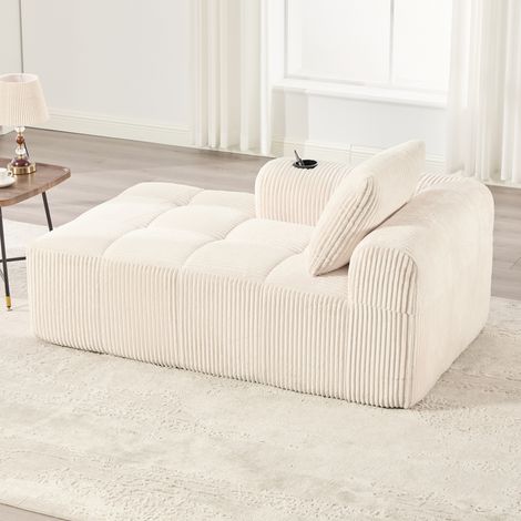 Canapé compact en tissu côtelé beige 158x93x61 cm avec poches latérales et porte-gobelets