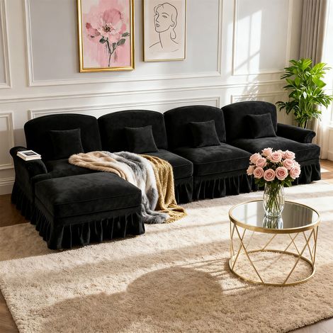 Canapé 4 places 350 cm + pouf + jupe plissée en tissu noir - INGLA