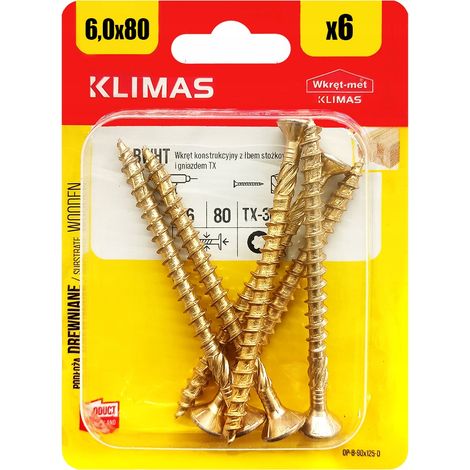 Vis Charpente Bois Klimas, 6 x 80 mm, Empreinte Torx, Tête Fraisée, Blister 6 Pièces (1/5)