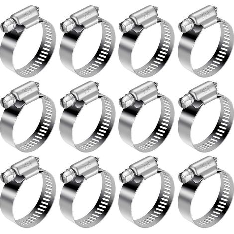 Lot de 12 colliers de serrage réglables 21-38 mm, vis et clips en acier inoxydable 304 pour tuyaux d'eau, réservoirs d'essence, tubes automobiles (1/5)