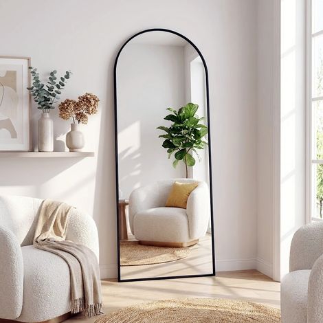 Miroir sur pied 162x53 cm, miroir de sol arqué suspendu ou mural avec cadre en métal pour salon, chambre ou salle de bain, Noir