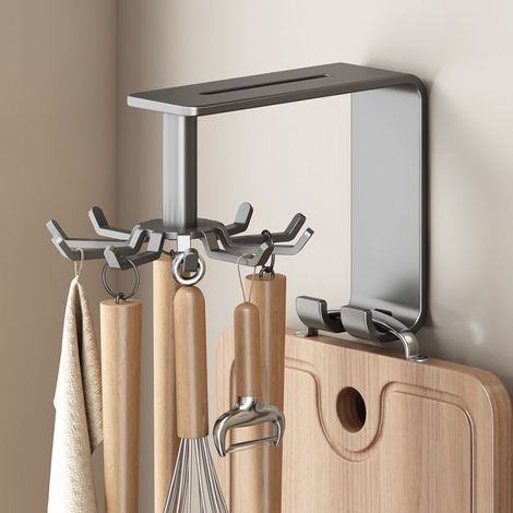 Küchenutensilienhalter aus Kohlenstoffstahl mit 10 Haken, 360° drehbar, geeignet für Küchen und Badezimmer. (1/5)