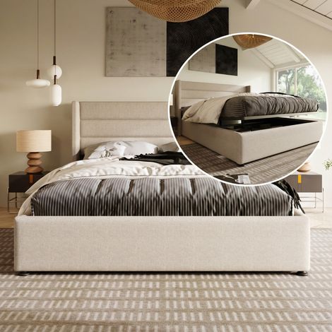Polsterbett mit Bettkasten 160x200 cm mit hydraulischem Lattenrost und gepolstertem Kopfteil – Metall- und Holzrahmen – Leinenstoff – Beige
