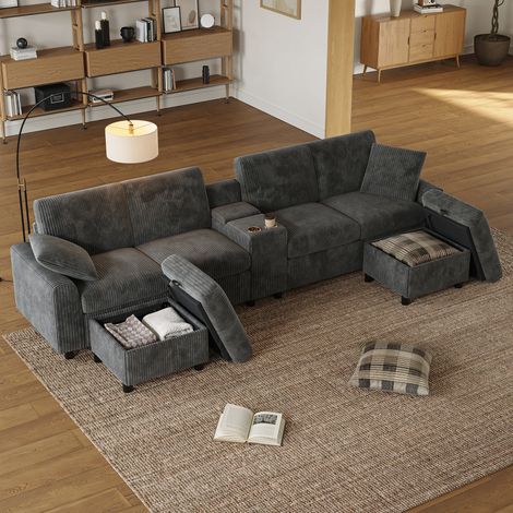 Sofá en U de tela acanalada 315 x 135 x 81 cm gris con USB y enchufes DESVIAE (1/5)