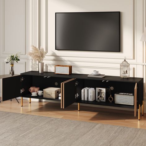 TV-Schrank aus Spanplatte in Schwarz/Natur, 179 x 35 x 53,5 cm, 4 Türen, griffloses Design, goldfarbene Metallbeine (1/5)