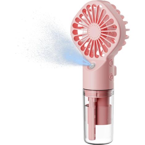 Ventilador portátil con nebulizador USB-C, 4 velocidades, recargable, 12 horas de autonomía, diseño compacto, ideal para viajes y uso en exteriores, color rosa. (1/5)