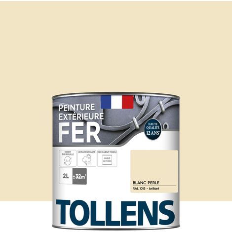 Peinture fer extérieure 2 en 1 - Ultra Résistante, séchage rapide et antirouille - TOLLENS - Brillant - Blanc Perle - 2L = 32m2