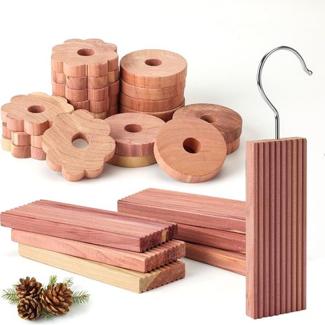 6 Blocs de Bois de Cèdre, 10 Fleurs de Cèdre et 10 Anneaux en Bois de Cèdre, Produit Naturel pour Éloigner Les Mites - Idéal pour Cintres et Tiroirs