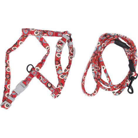 Harnais réglable pour chat de style japonais, ensemble de laisse, corde de marche de traction sur la poitrine et le dos (fleur rouge M) (1/5)
