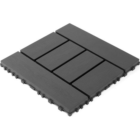Dalles de terrasse emboîtables H 12 pouces gris foncé, lot de 44 pièces en polypropylène, pose sans outil, anti-dérapant et drainant pour intérieur et extérieur
