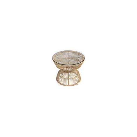 Table d'appoint en rotin Ø60 cm, table basse, table de jardin avec plateau en verre trempé de style bohème, table basse en bois naturel