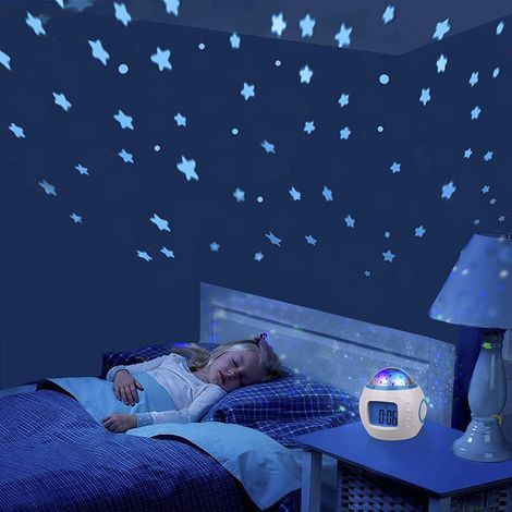 Reloj despertador infantil JSSEVN con proyector de estrellas LED musical, luz nocturna, 7 tipos de música, visualización de fecha y hora, regalo de cumpleaños. (1/5)