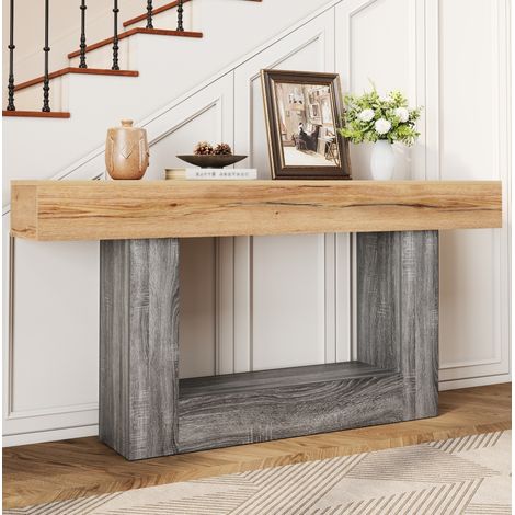 Consola para recibidor y salón, 2 estantes, tablero de partículas, 160x30x82,5 cm, madera natural (1/5)