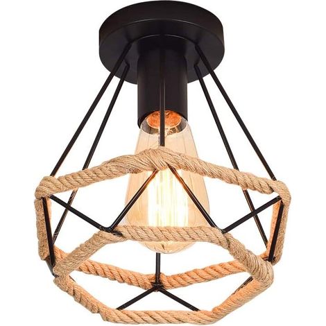 Plafonnier en Métal et Corde de Chanvre Cage Diamant E27 Rétro Industrielle Lustre Suspension pour Couloir Escalier Chambre Noir (1/5)