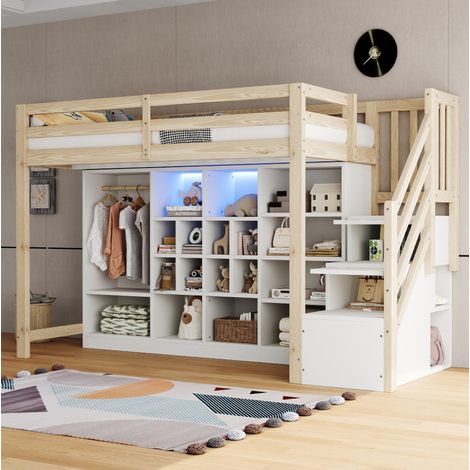 Lit mezzanine 90x200 cm en bois blanc/bois naturel avec échelle latérale, rangements et LED (1/5)
