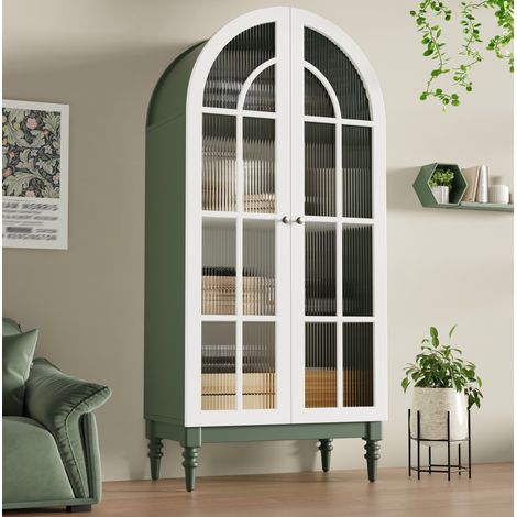 Credenza vetrina 76x38,5x165 cm in MDF e metallo verde, FloraGrace (1/5)